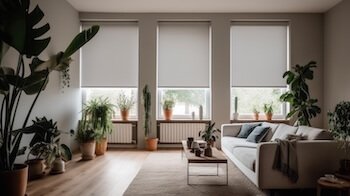 Neutral colored room with ambient light and plants